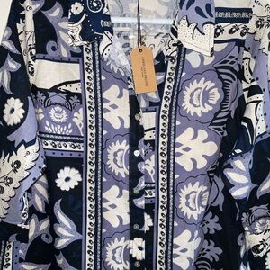 CHRISTIAN SIRIANO LINEN BLEND 3/4 SLEEVE NAVY FLORAL BLOUSE BUTTON TOP 2XL NWT